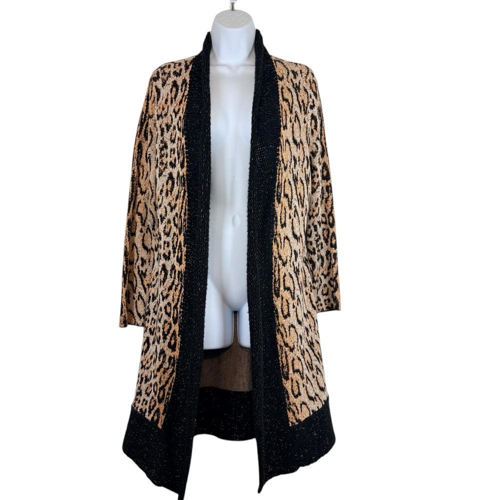 Chico’s Leopard Print Wool Blend Duster Cardigan Sz1 Open Front Long Knit